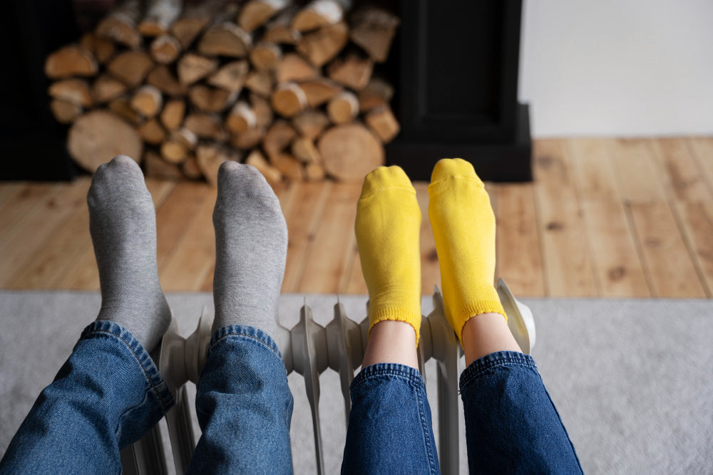 Cozy feet in gray and yellow socks resting on a radiator, ideal for fungal feet care. Discover the best socks for fungal feet.