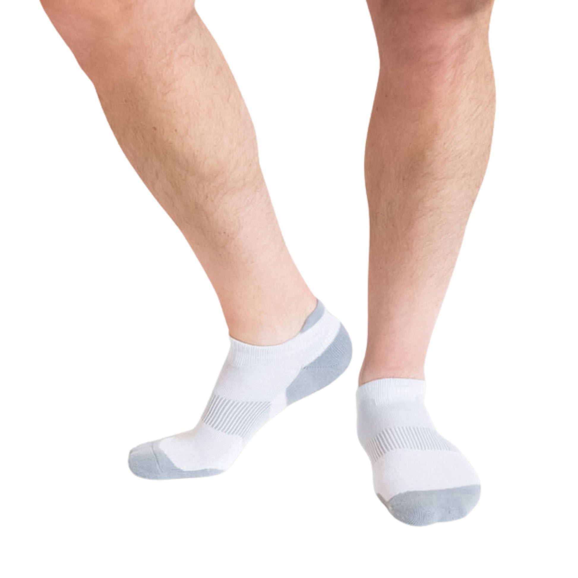 White antifungal socks with heel support – designed to prevent athlete’s foot and wick away sweat.